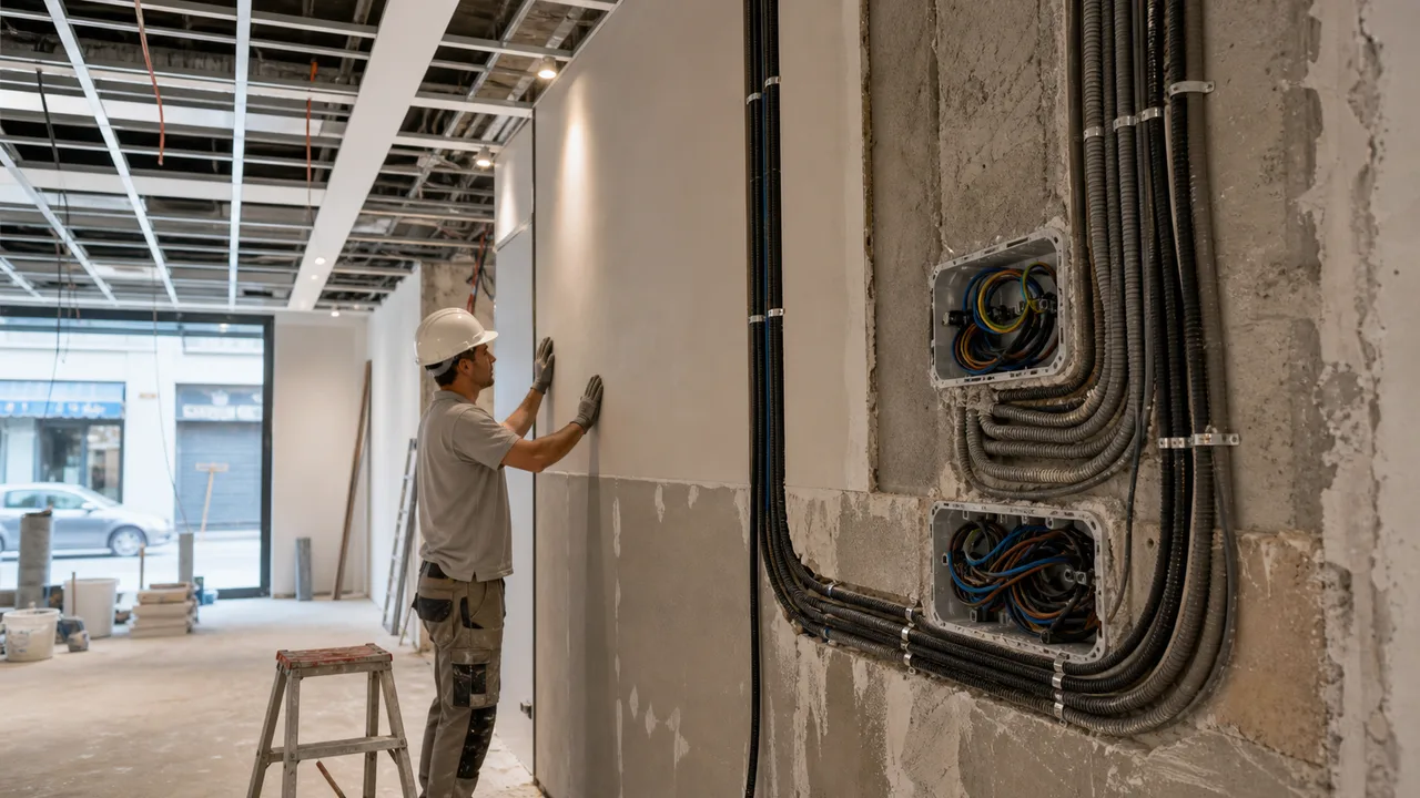 Cantiere di ristrutturazione di un negozio con impianti e finiture in lavorazione