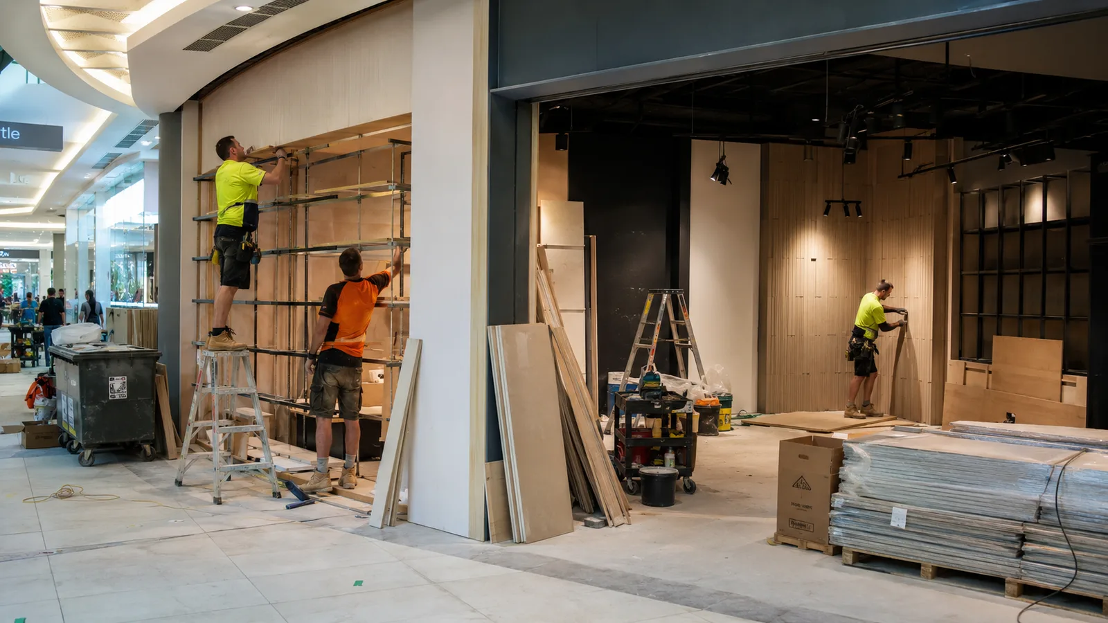 Operai installano scaffalature e rivestimenti durante il fit-out di un negozio in centro commerciale
