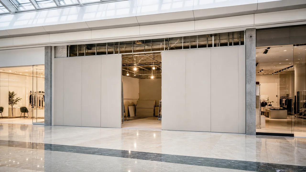 Fronte di un negozio in fase di allestimento all'interno della galleria di un centro commerciale