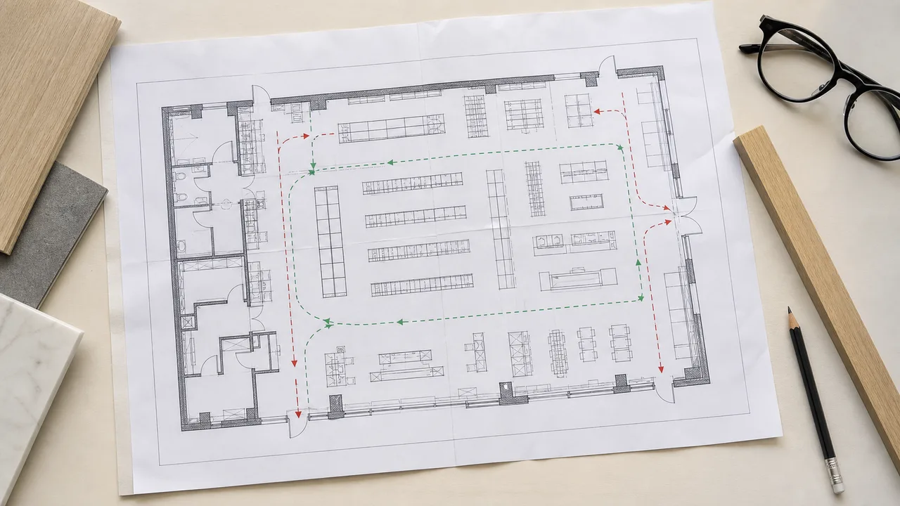 Layout allestimento punto vendita con vie d esodo e disposizione arredi