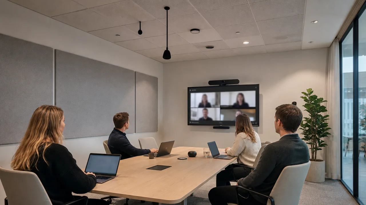 Sala meeting di uno smart office attrezzata per riunioni ibride in presenza e da remoto