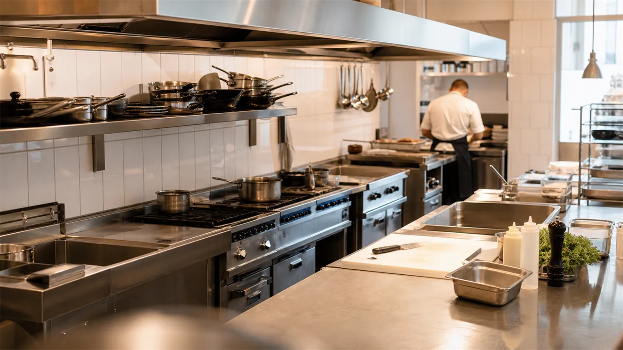 Cucina professionale a norma con cappe di estrazione e superfici lavabili — progettazione ristorante
