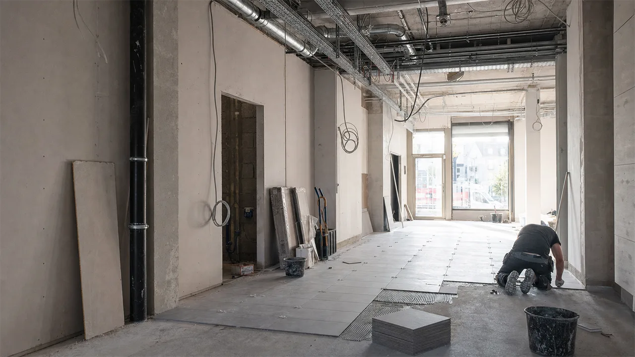 Negozio commerciale durante la ristrutturazione con impianti in corso di installazione — ristrutturare un negozio
