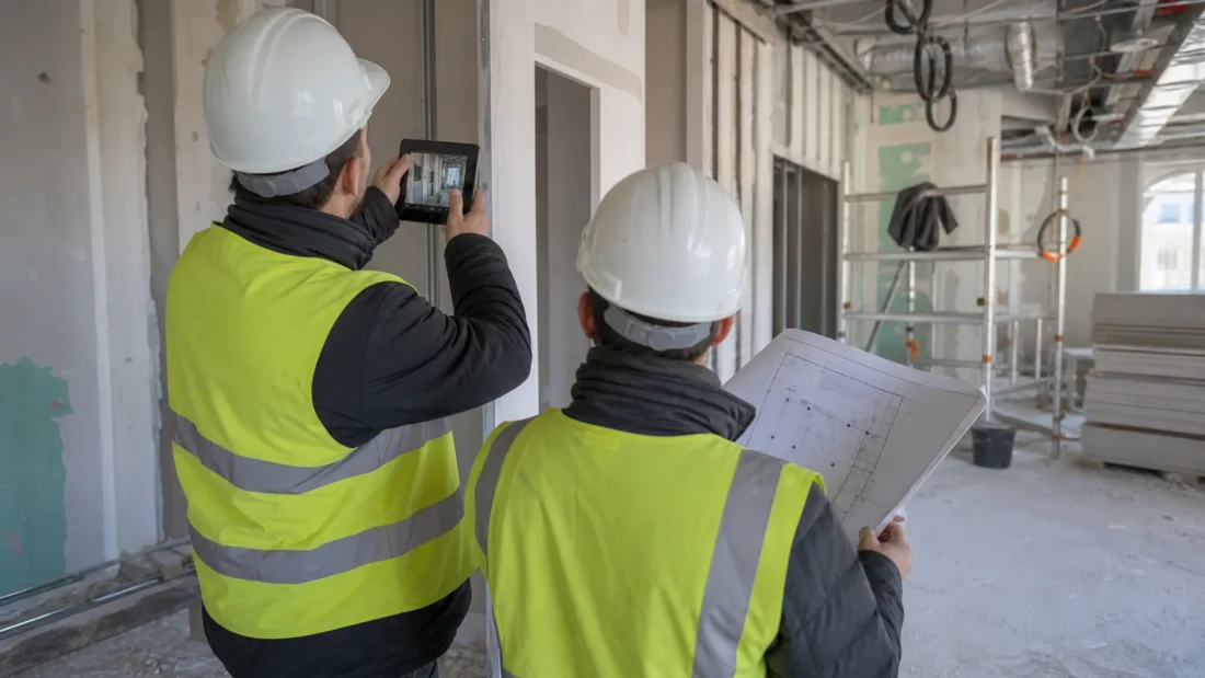 Team tecnico in sopralluogo su un cantiere commerciale