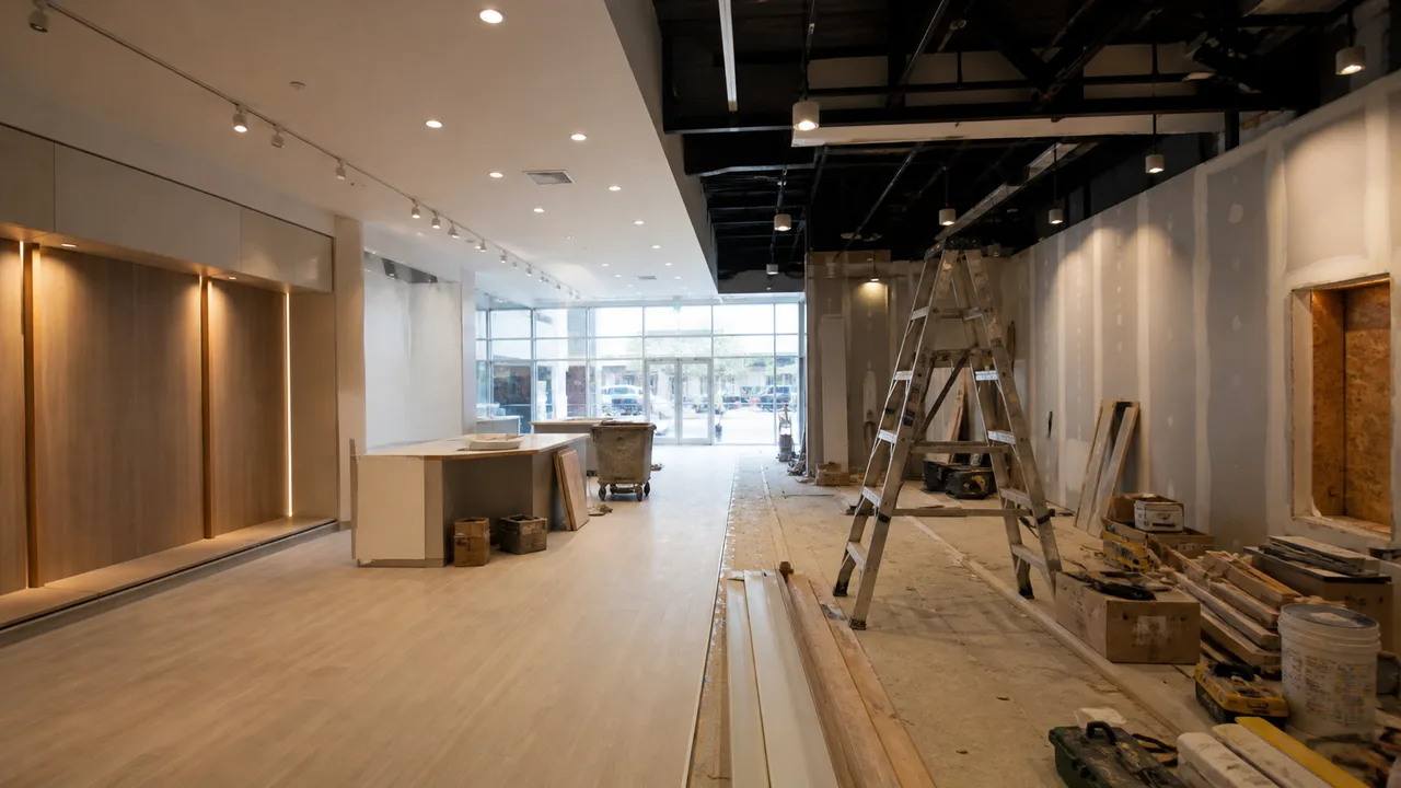 Cantiere di restyling in un negozio con area rinnovata e area in lavorazione