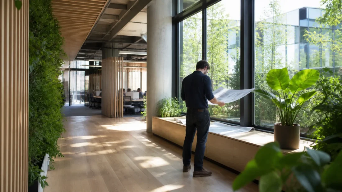 Ufficio sostenibile con luce naturale e piante per certificazione LEED WELL