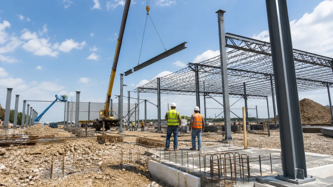 Cantiere di costruzione ex novo di un capannone industriale con struttura in acciaio