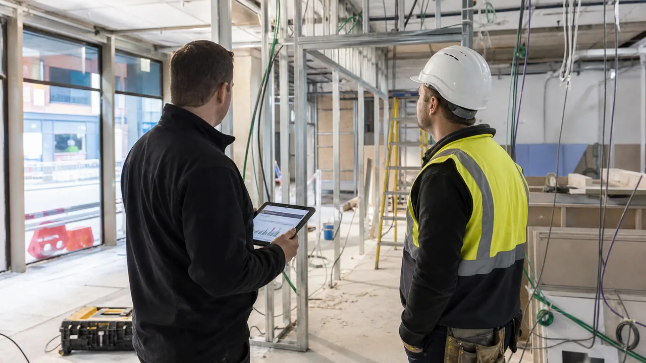 General contractor coordina cantiere di ristrutturazione commerciale