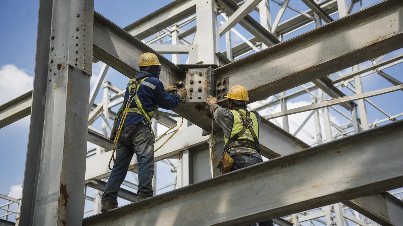 Montaggio della struttura in acciaio durante la costruzione di un capannone industriale