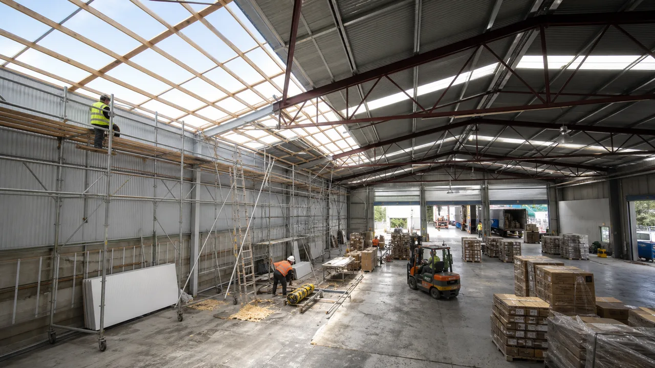 Ristrutturazione di un capannone industriale con cantiere attivo e area logistica funzionante